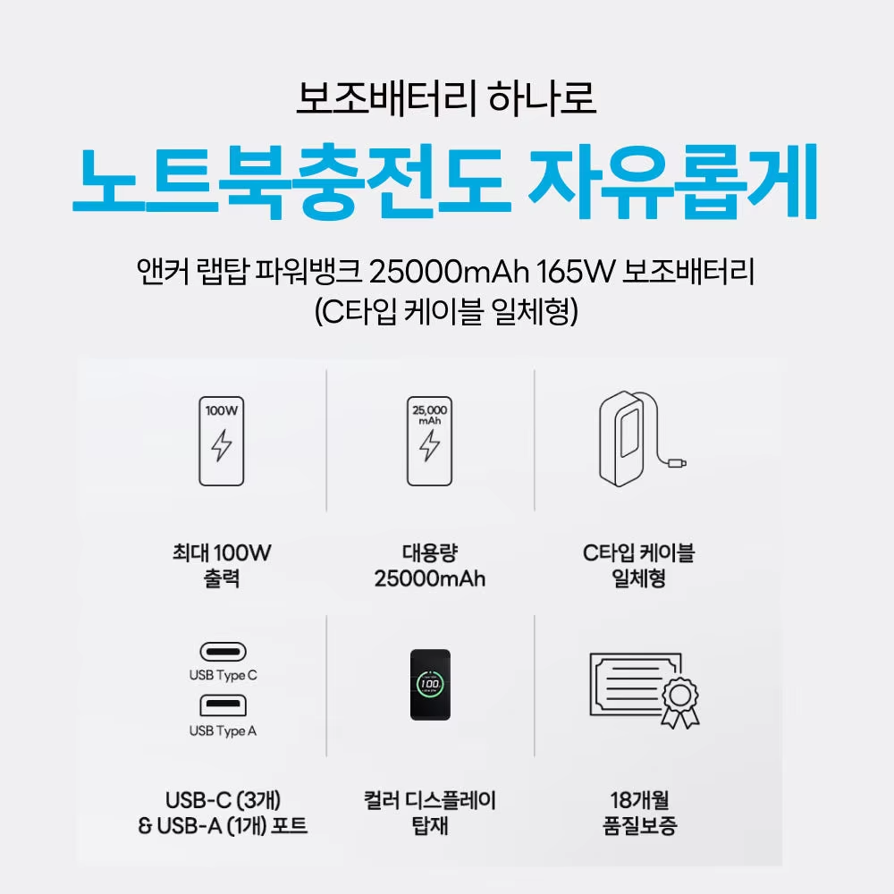 앤커 랩탑 파워뱅크 25000mAh 165W 보조배터리 (C타입 케이블 일체형) A1695